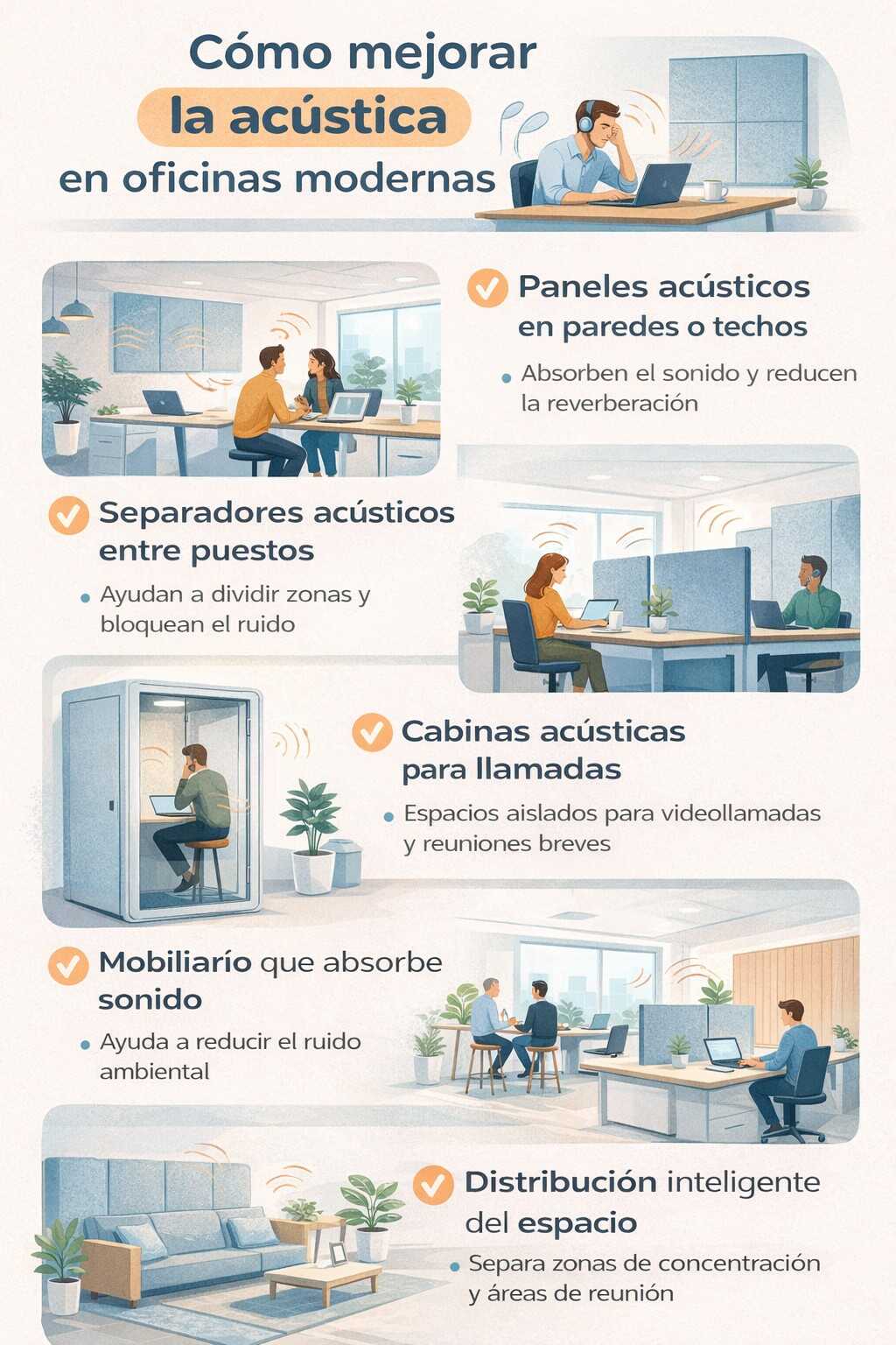 Infografía sobre cómo mejorar la cústica en oficinas modernas