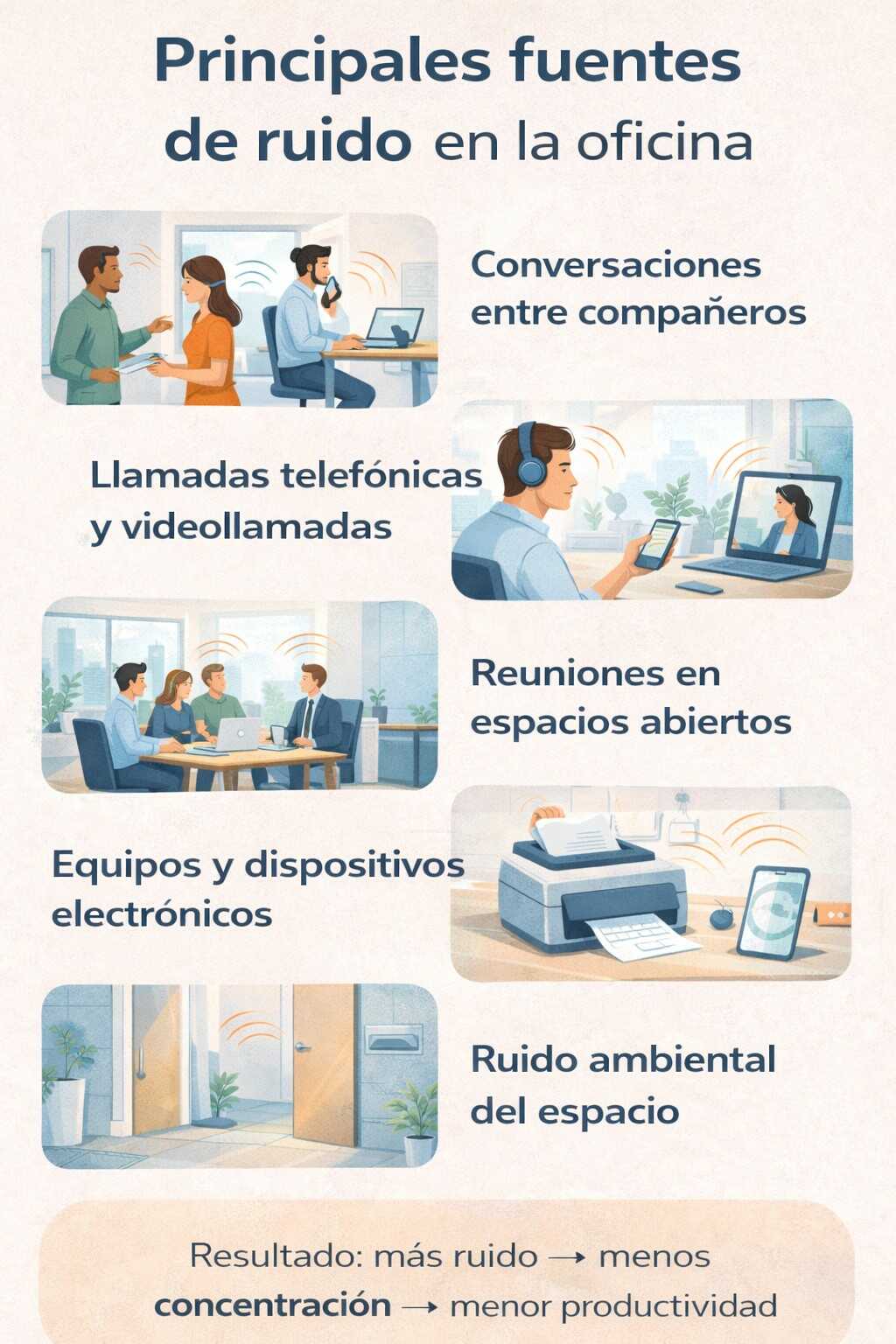 Infografía sobre las principales fuentes de ruido en la oficina