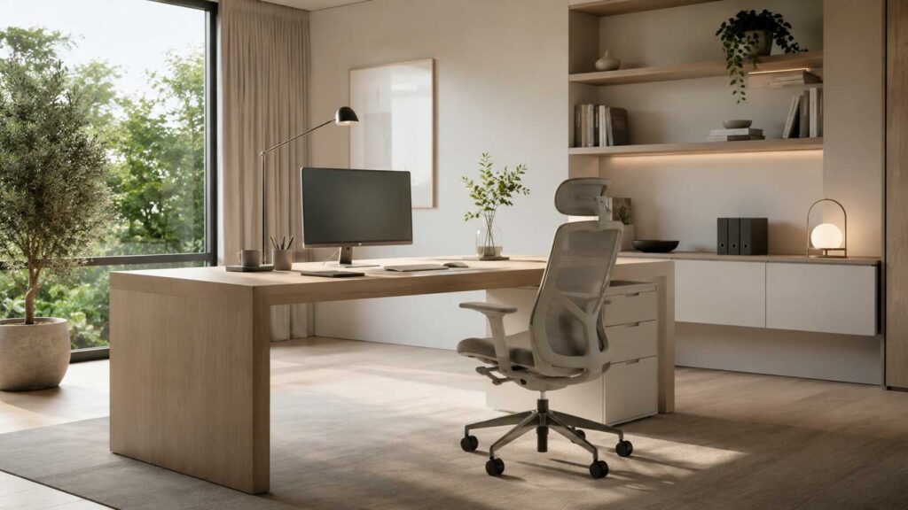 Despacho minimalista moderno con escritorio ergonómico de madera clara, silla ergonómica y diseño luminoso con estilo Japandi