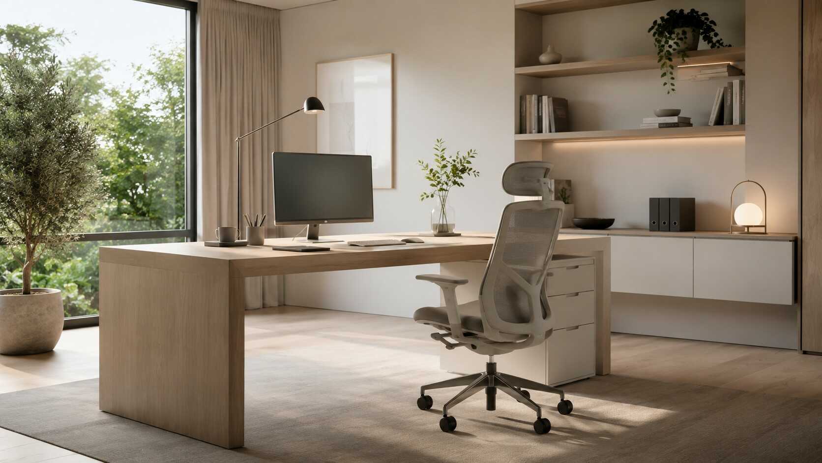 Despacho minimalista moderno con escritorio ergonómico de madera clara, silla ergonómica y diseño luminoso con estilo Japandi