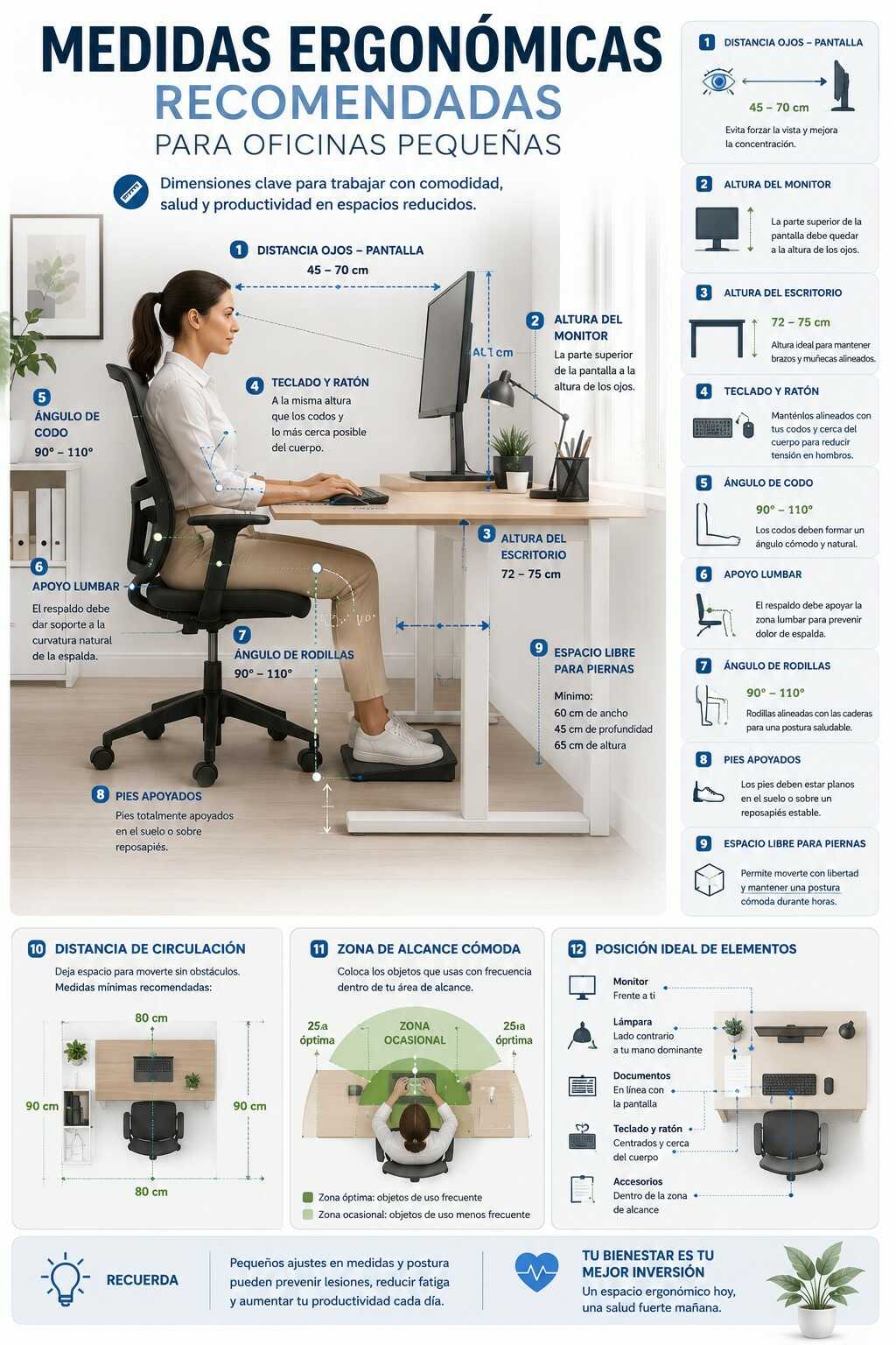 Infografía sobre medidas ergonómicas recomendadas para oficinas pequeñas