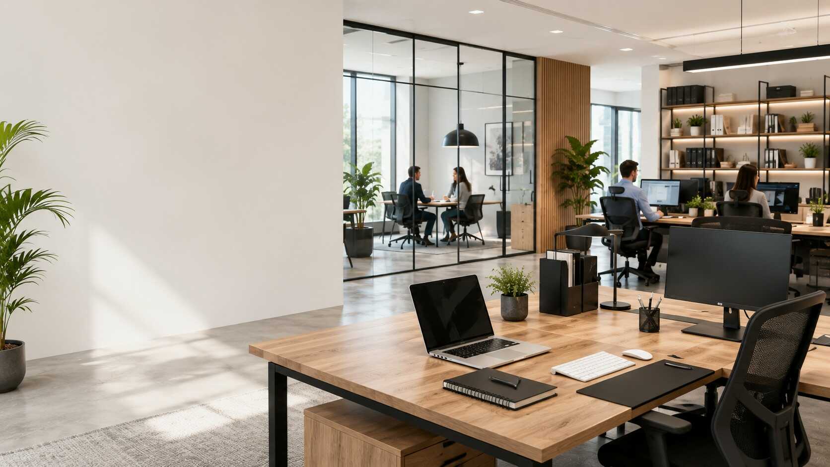 Oficina moderna completamente amueblada con escritorios ergonómicos, sillas de oficina, almacenamiento funcional y zona de trabajo colaborativa diseñada para mejorar la productividad y el confort.