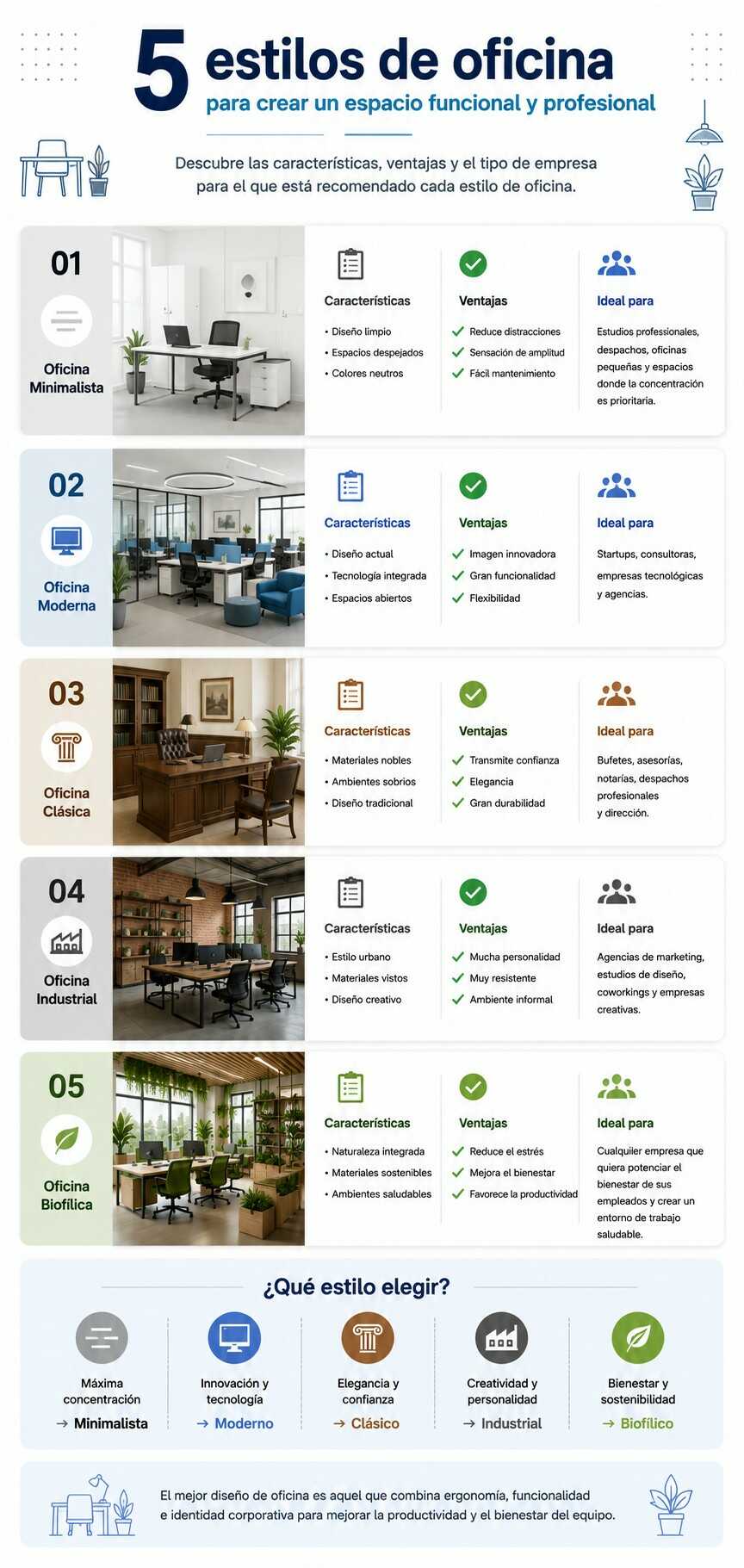Comparativa de estilos de diseño para amueblar una oficina desde cero, incluyendo oficinas minimalistas, modernas, clásicas, industriales y biofílicas con sus principales ventajas y aplicaciones.