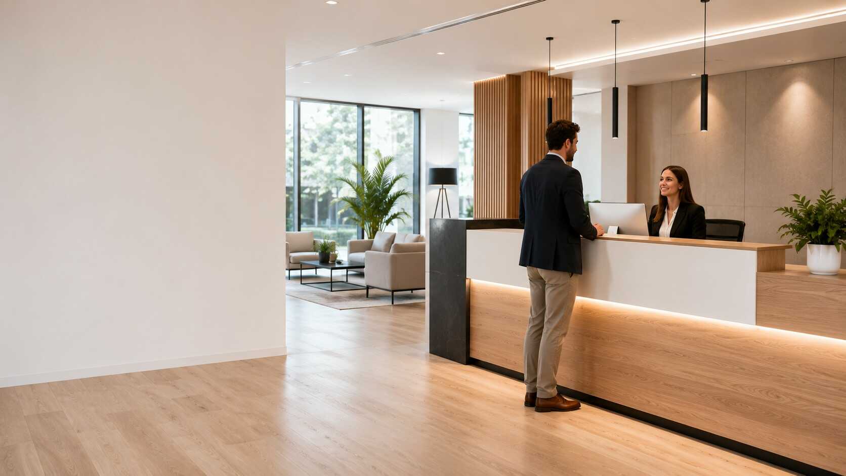 Mostrador de recepción moderno con diseño en madera y blanco, recepcionista atendiendo a un cliente en una oficina profesional con sala de espera y mobiliario corporativo de alta calidad.