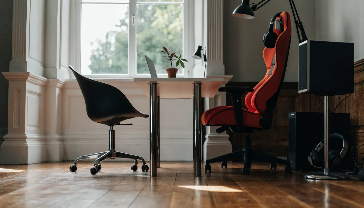 silla ergonómica en despacho minimalista y silla gamer en setup de teletrabajo/gaming