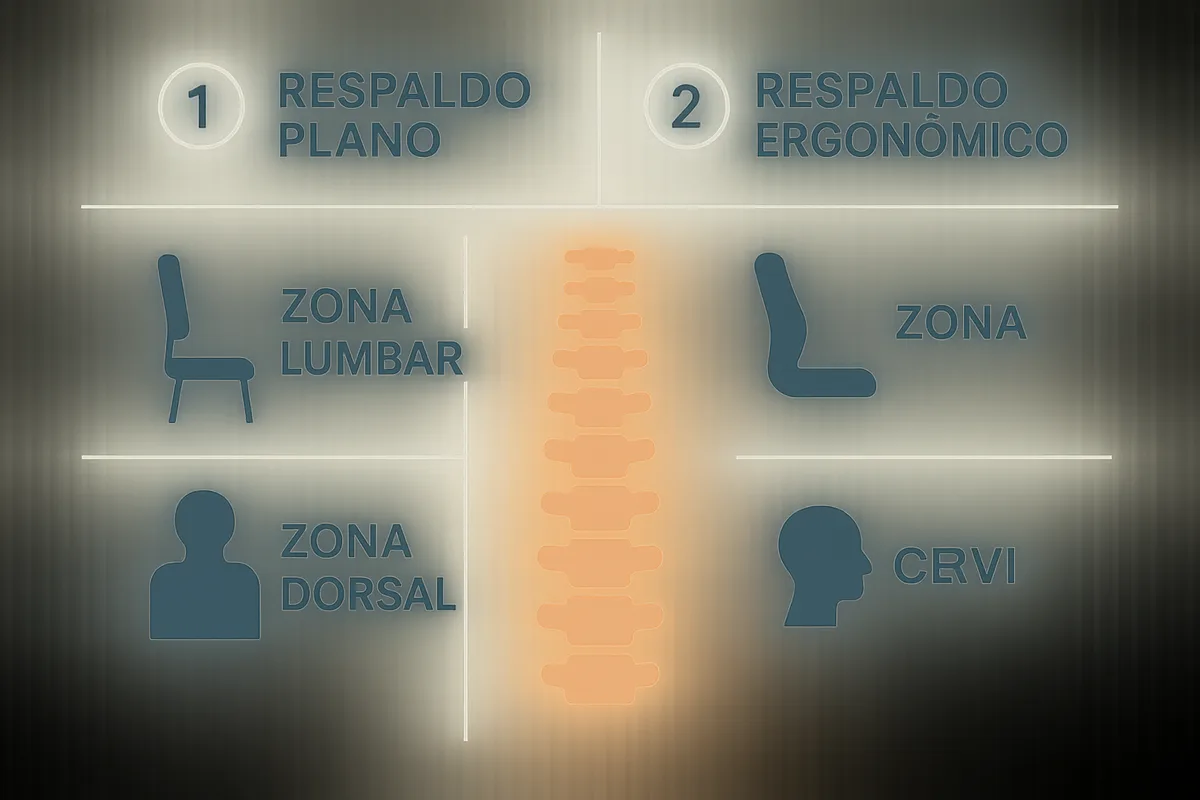 un respaldo plano frente a uno ergonómico, marcando la zona lumbar, dorsal y cervical