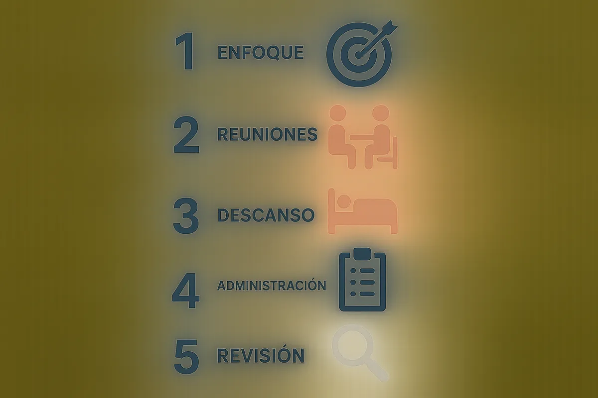 vertical para móvil con un día dividido en franjas de colores: enfoque, reuniones, descanso, administración y revisión