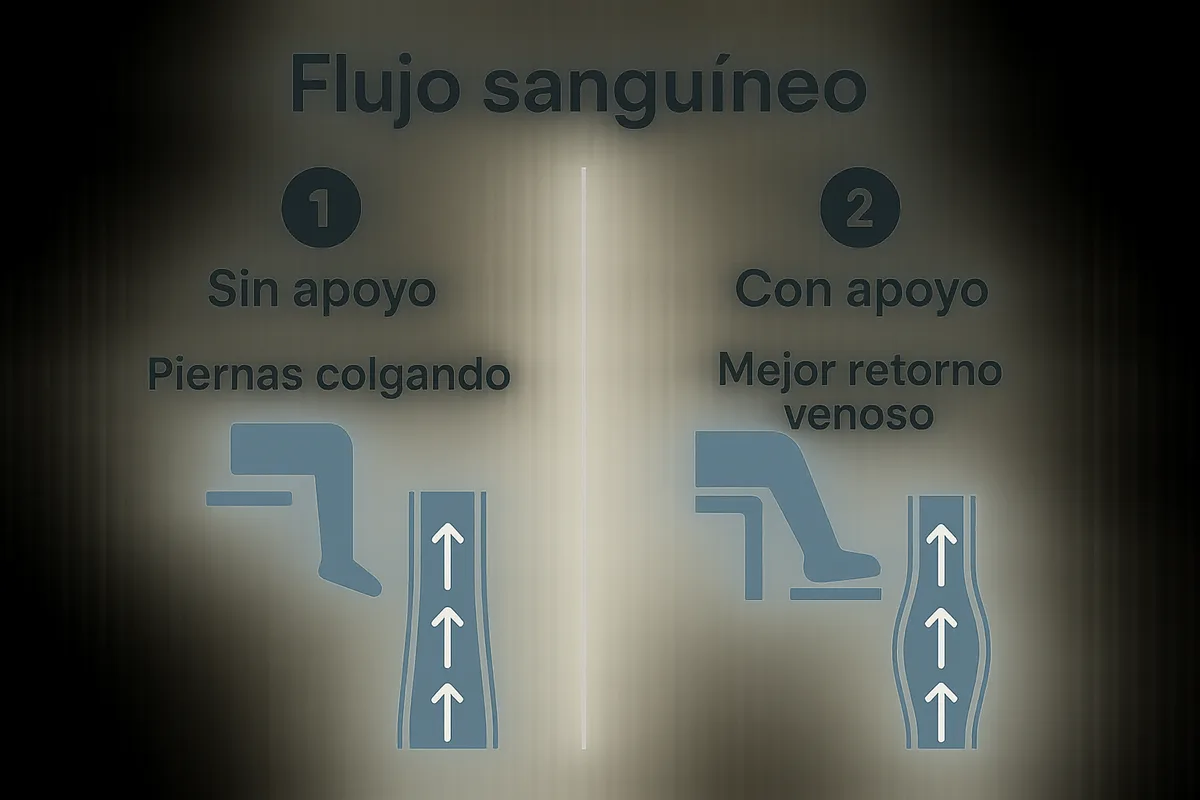 sencilla del flujo sanguíneo con y sin apoyo: piernas colgando, presión bajo muslos y, en contraste, pies apoyados con mejor