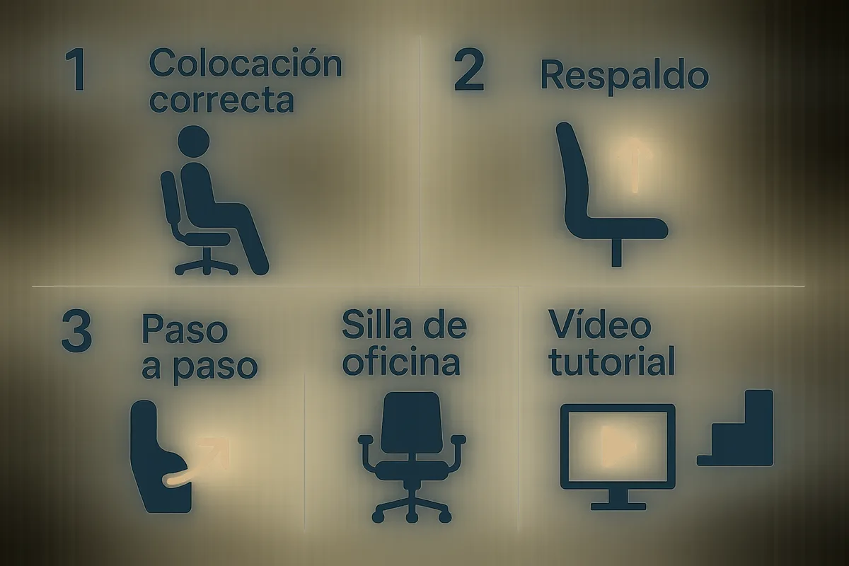 vídeo tutorial corto o una infografía paso a paso mostrando la colocación correcta del respaldo en una silla de oficina